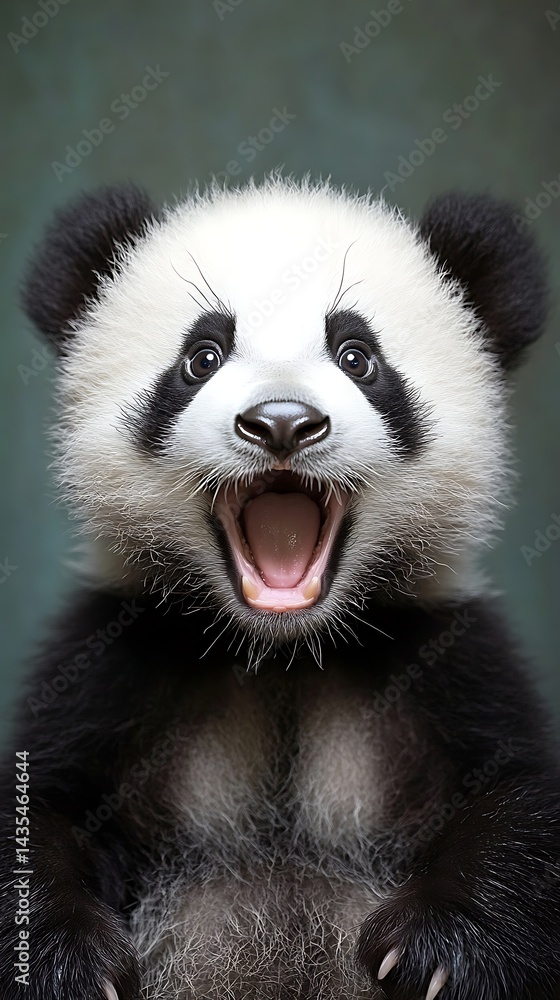 Obraz premium Adorable baby panda, open mouth, studio shot, possible use as a children's book cover or website background