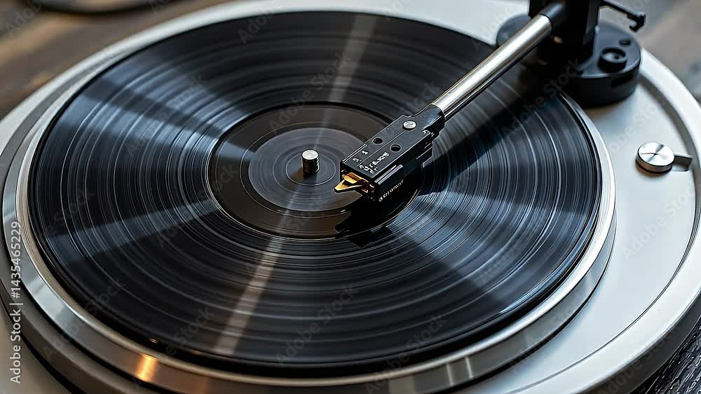 A circular platform spins at a constant rate, driven by a motor and belt system. A delicate stylus, affixed to the end of a pivoting arm, rests within the spiral groove of a thin, grooved disc A circular platform spins at a constant rate, driven by a motor and belt system. A delicate stylus, affixed to the end of a pivoting arm, rests within the spiral groove of a thin, grooved disc