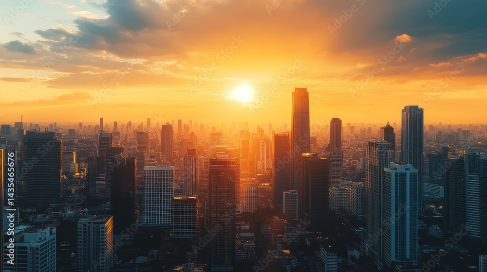 Fototapeta premium A stunning city skyline at sunset, showcasing tall buildings against a vibrant sky.