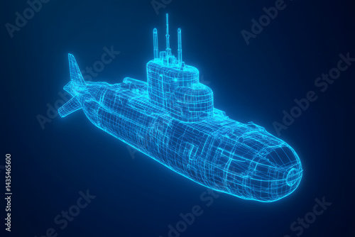 Futuristic wireframe hologram of a submarine on dark blue background, digital military naval technology, underwater vehicle blueprint, 3D sonar design, marine defense innovation