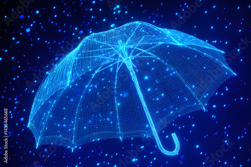 Futuristic glowing digital umbrella made of blue particles in a starry space, perfect for technology, weather protection, innovation, cyber safety, and virtual 3D object concepts.

