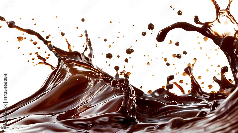 A rich splash of mocha syrup, droplets forming elegant arcs against a pure white background. A rich splash of mocha syrup, droplets forming elegant arcs against a pure white background.