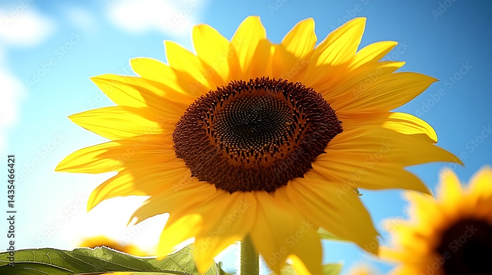 Obraz premium Radiant sunflower basking under vibrant blue sky in golden hour sunlight
