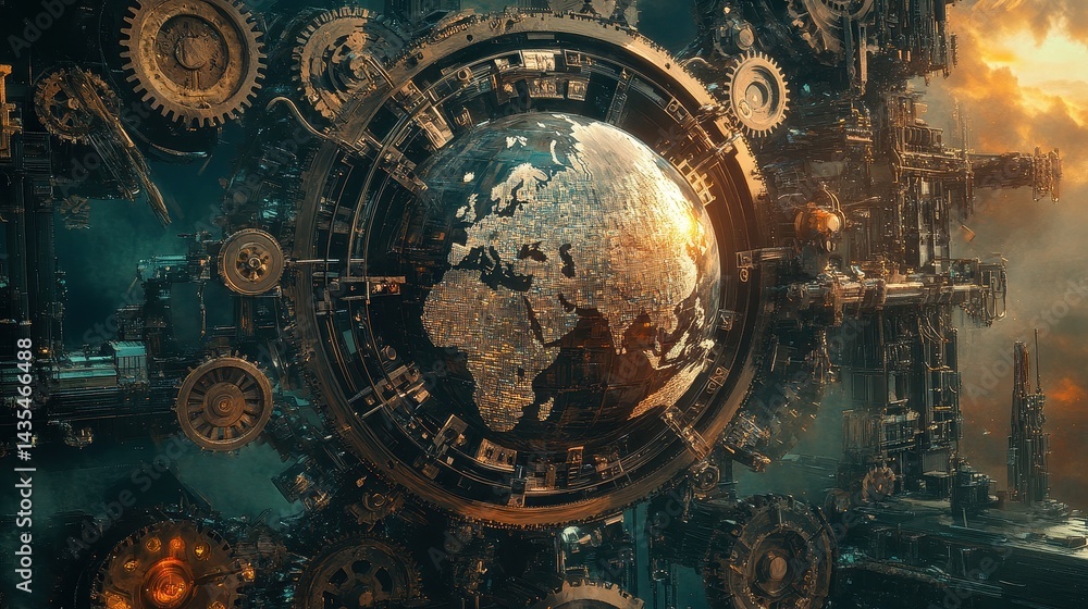 Fototapeta premium A Steampunk-inspired world trade scene, where gears and cogs form a mechanical globe, illustrating industrial-era global commerce reimagined with AI.