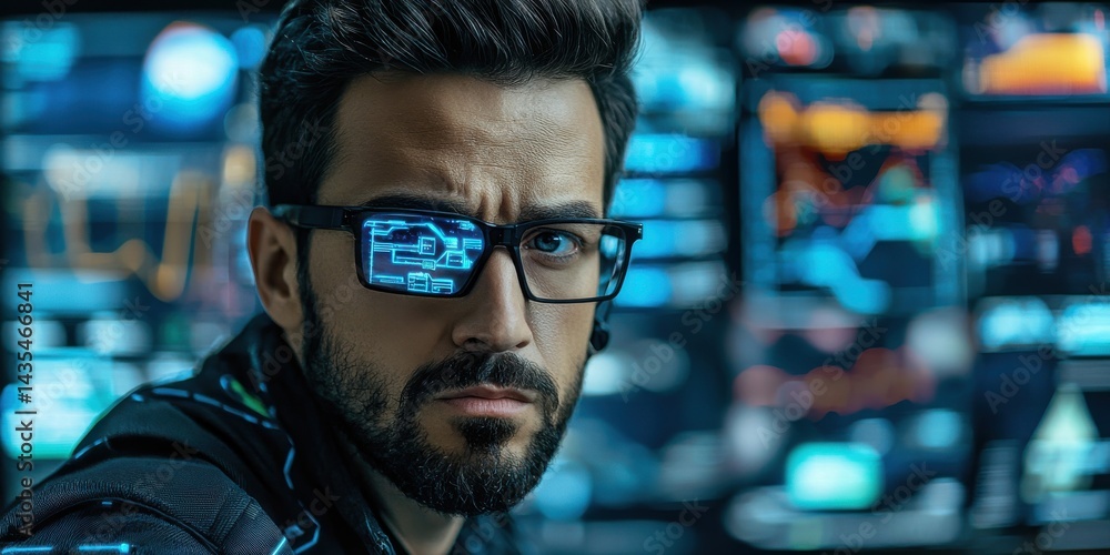 Intense focused man in glasses with digital background.