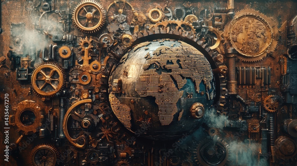 Naklejka premium A Steampunk-inspired world trade scene, where gears and cogs form a mechanical globe, illustrating industrial-era global commerce reimagined with AI.