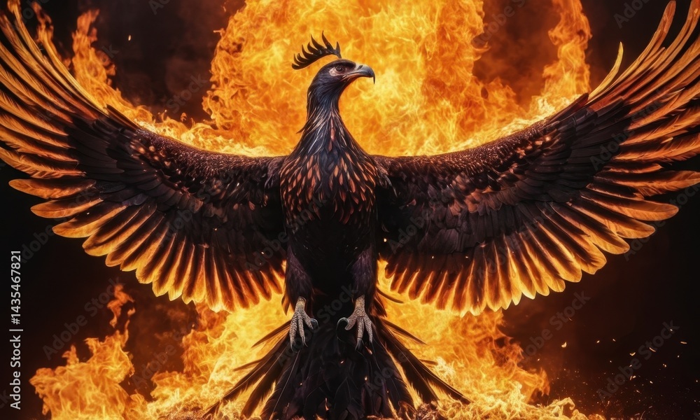 A large bird flying in front of a warm fire, great for outdoor or wilderness themed scenes