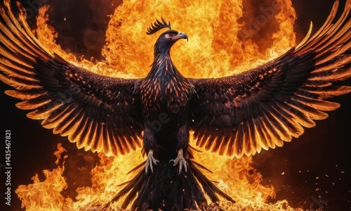 Obraz na płótnie A large bird flying in front of a warm fire, great for outdoor or wilderness themed scenes w salonie