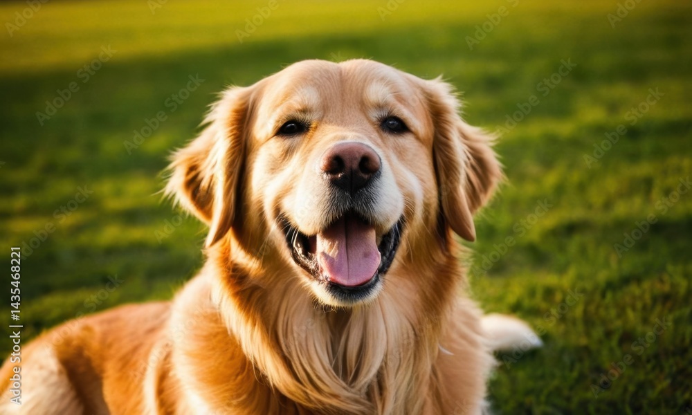 A friendly golden retriever sits comfortably in the lush green grass, perfect for outdoor or pet-related content