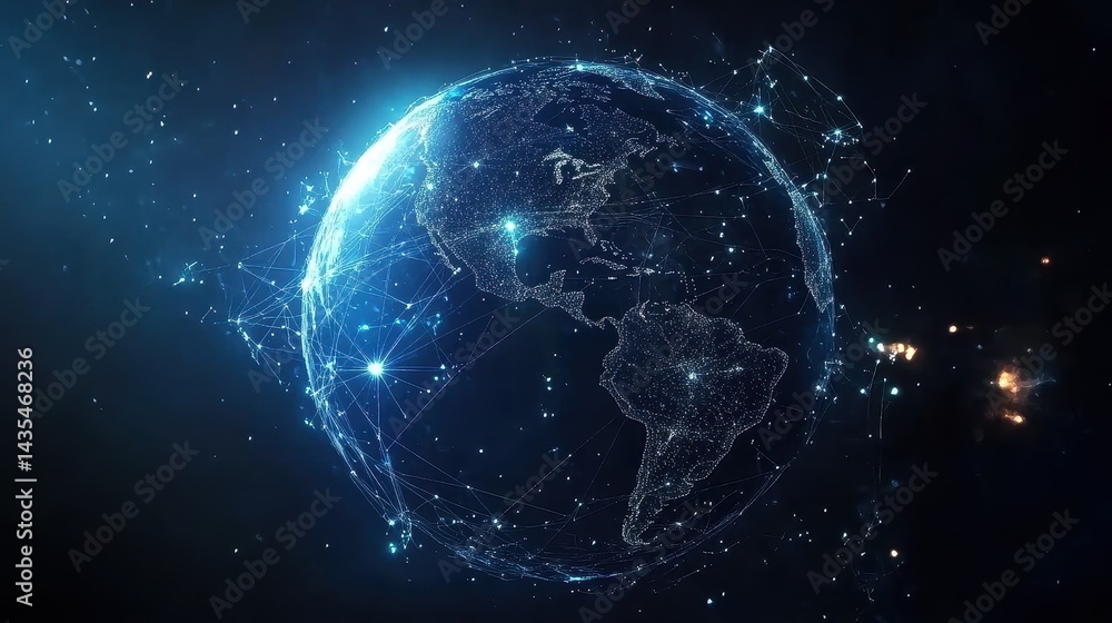 Abstract digital background featuring a glowing Earth with interconnected nodes, representing the internet, blockchain technology, and global data exchange, high-tech business and communication theme. Abstract digital background featuring a glowing Earth with interconnected nodes, representing the internet, blockchain technology, and global data exchange, high-tech business and communication theme.