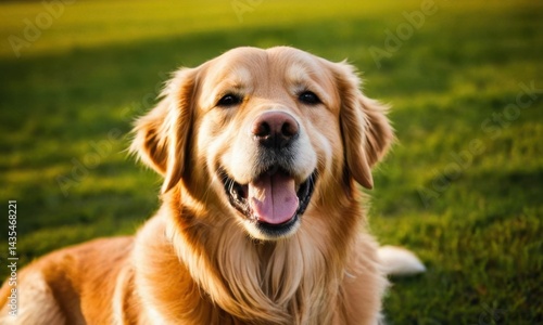 Obraz na płótnie A friendly golden retriever sits comfortably in the lush green grass, perfect for outdoor or pet-related content w salonie