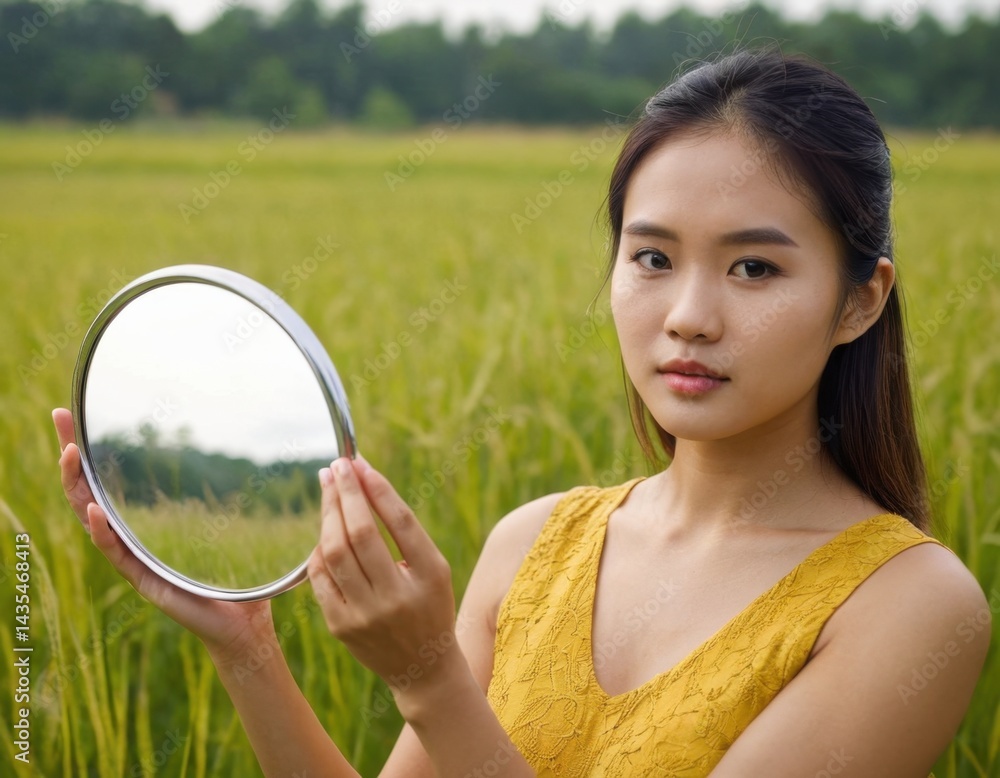 A woman holds a mirror in front of her face, self-reflection