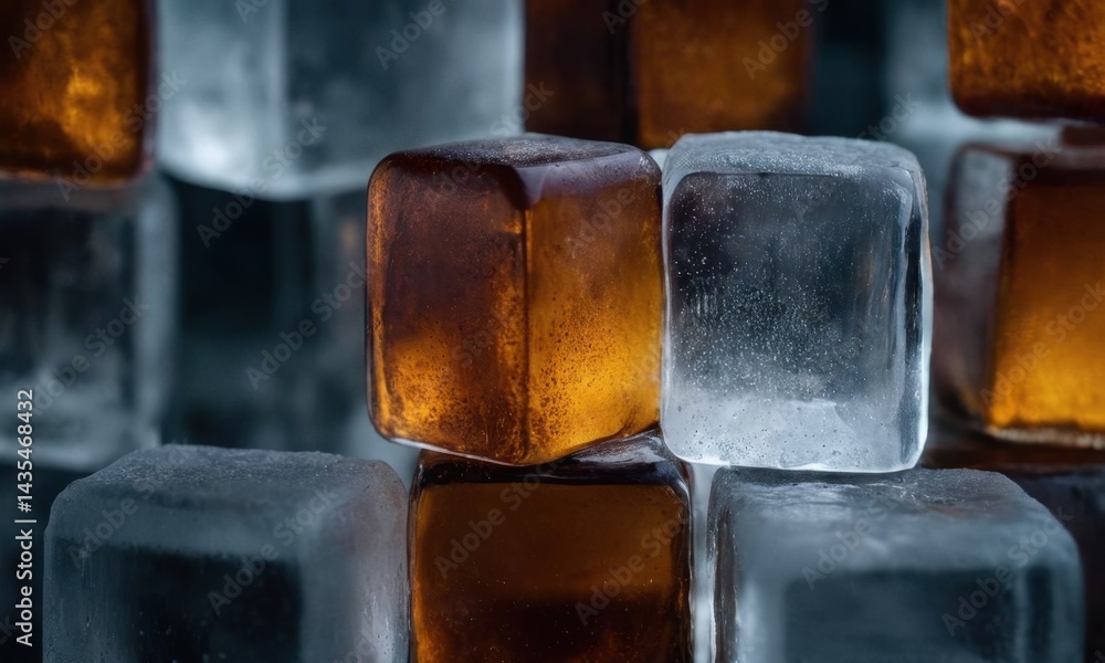 A pile of clear ice cubes stacked on top of each other, frozen in place