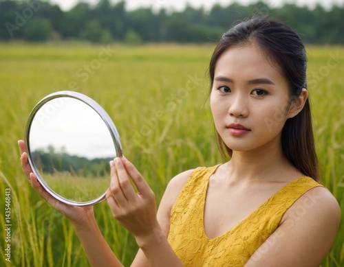 Obraz na płótnie A woman holds a mirror in front of her face, self-reflection w salonie