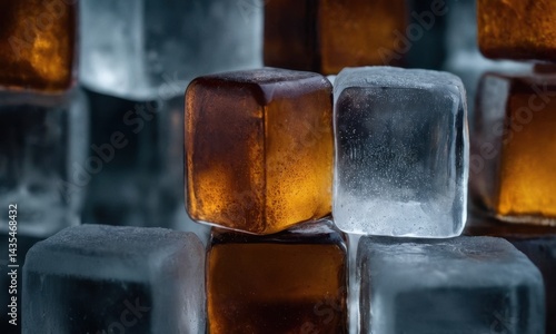A pile of clear ice cubes stacked on top of each other, frozen in place