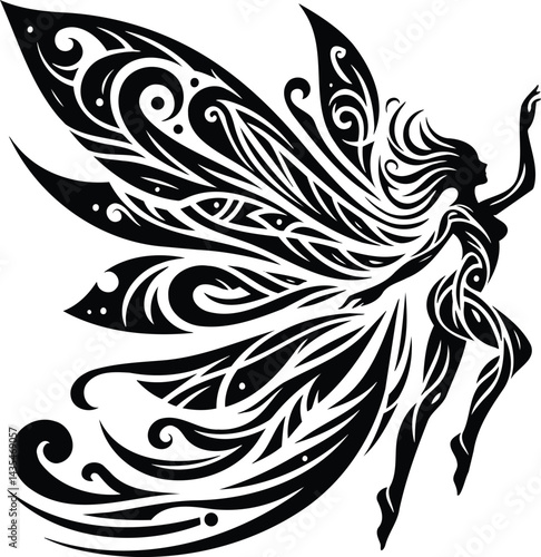 Ethereal black and white fairy silhouette with tribal wing patterns