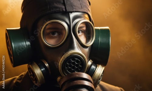 A person wearing a gas mask and goggles, possibly for protection or in a hazardous environment