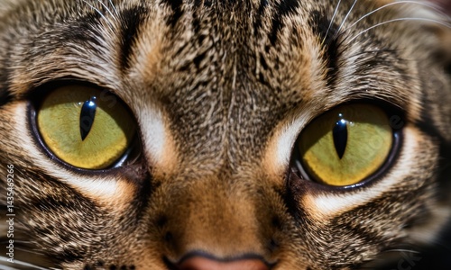 Obraz na płótnie Close-up photo of a cat's face with bright yellow eyes, perfect for pet-related or whimsical designs w salonie