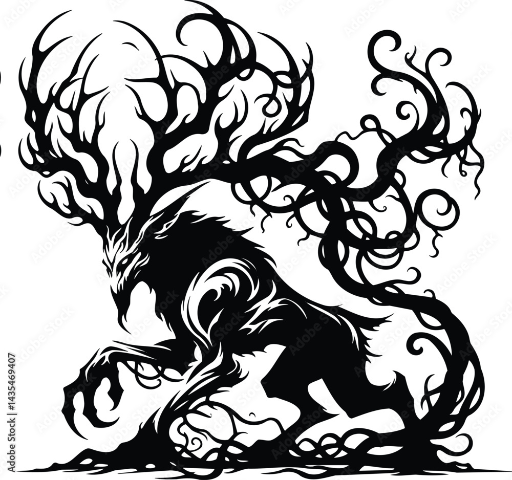 Obraz premium Isolated black and white vector silhouette tribal art style Leshy creature with forest vines