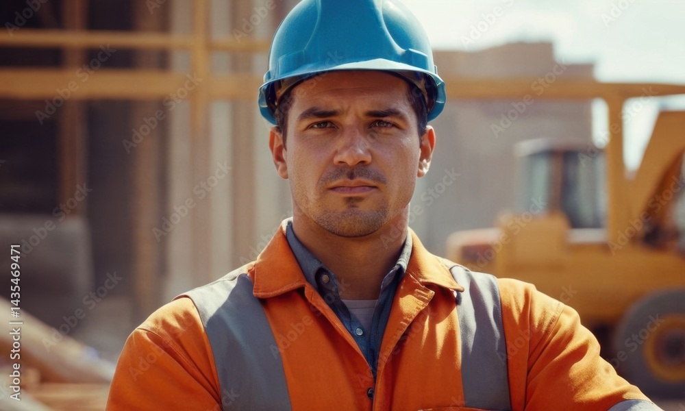 A person wearing an orange shirt and blue helmet, possibly in a construction or outdoor setting