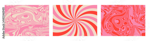 Vector groovy hippy psychedelic y2k backgrounds. Pink trippy twisted simple geometric abstract lolly pop texture. Strawberry candy background. Funky summer textures. Swirl twirl ice-cream patterns