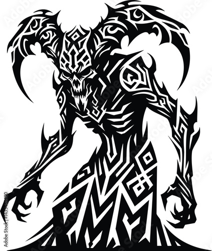 Black and white tribal lich silhouette geometric patterns arcane energy