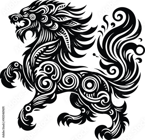 Black and white fierce tribal style nian mythical creature silhouette with patterns