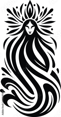 Black and white isolated Vodyanoy silhouette with water tendrils reed crown tribal