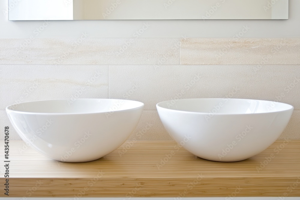 Two white ceramic bowl sinks on a light brown wooden countertop, against a beige tiled wall and mirror Two white ceramic bowl sinks on a light brown wooden countertop, against a beige tiled wall and mirror