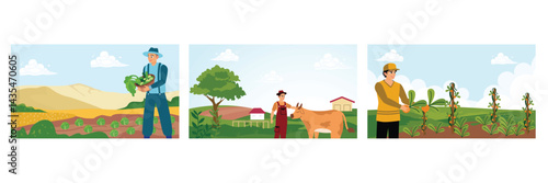 A farmer carries a vegetable basket, tends a cow, and picks vegetables in a farm field.