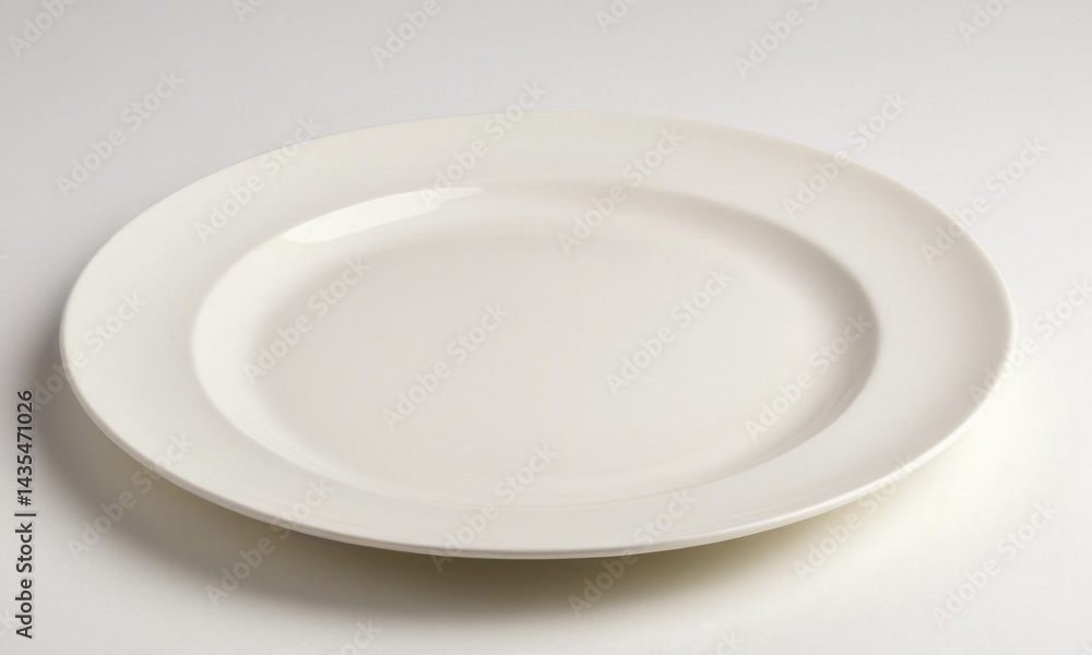 A white plate sits atop a table, awaiting use A white plate sits atop a table, awaiting use