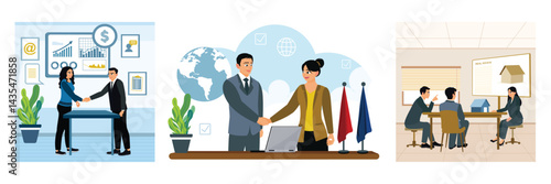 Two business partners meet in the office, shaking hands, mutually beneficial business cooperation.
