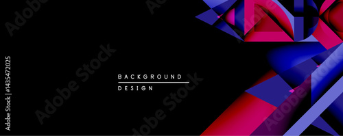 Abstract geometric design dominates right side. Vivid magenta, purple, blue gradients create layered effect. Black background emphasizes colorful shapes, modern aesthetic. Minimal text reads backgroun
