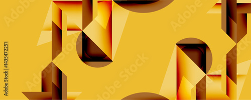 Abstract geometric composition. Golden hues dominate, creating depth via layered shapes. Sharp angles, shadows suggest threedimensional forms. Minimalist design, warm tones present.