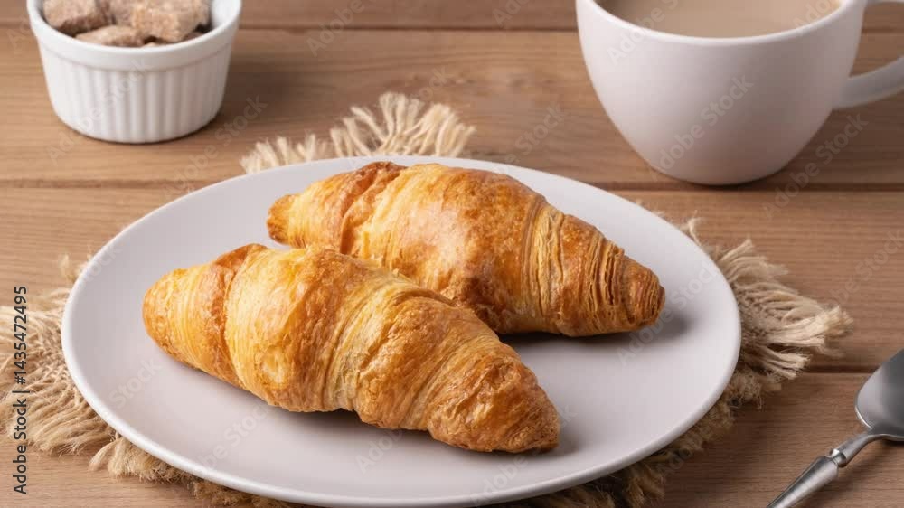 Delicious breakfast of croissants and coffee enjoyed at a cozy cafe setting in the morning Delicious breakfast of croissants and coffee enjoyed at a cozy cafe setting in the morning