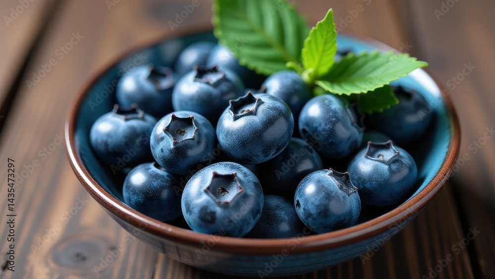 Fresh blueberries in a ceramic bowl with mint leaves on a wooden table showcase vibrant colors and natural textures Fresh blueberries in a ceramic bowl with mint leaves on a wooden table showcase vibrant colors and natural textures