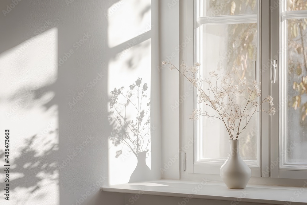 Sunlight streams through a window, casting soft shadows on a pale wall Dried flowers in a simple vase sit on the windowsill, enhancing the serene ambiance Sunlight streams through a window, casting soft shadows on a pale wall Dried flowers in a simple vase sit on the windowsill, enhancing the serene ambiance