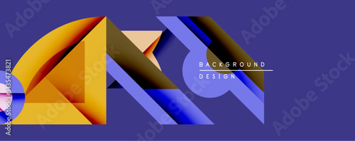 Abstract geometric composition. Overlapping shapes create dynamic visual effect. Warm, cool colors blend, forming modern background design. Gradient transitions add depth.