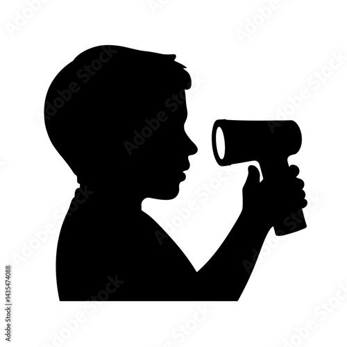 Child silhouette holding infrared thermometer, health monitoring concept