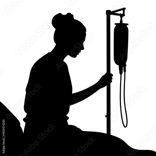 Nurse adjusting IV drip for patient silhouette, compassion in care