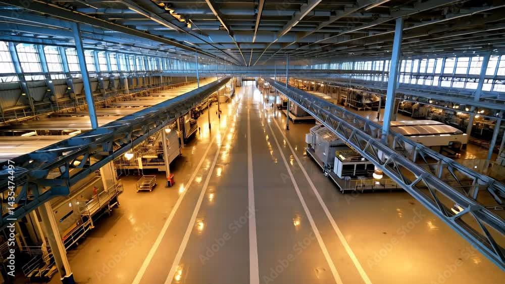 Modern industrial factory with high ceilings, conveyor systems, bright lighting and clean organized production lines
Modern industrial factory with high ceilings, conveyor systems, bright lighting and clean organized production lines