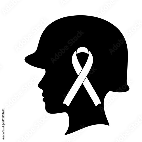 Silhouette of military helmet with awareness ribbon, PTSD awareness