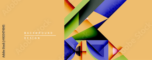Abstract geometric composition. Overlapping colorful shapes create dynamic visual effect. Warm beige background complements vibrant design elements. Modern style.