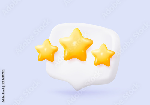 3d stars rating for best excellent services. Result score for satisfaction in speech bubble. Review for quality customer rating feedback, product award review. 3d star icon vector render illustration