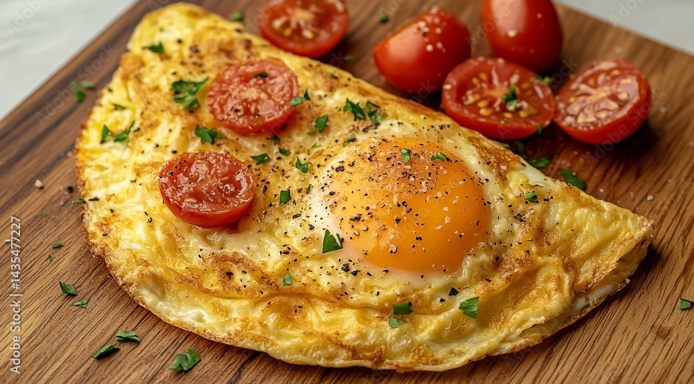 Sunny-side-up egg on a parmesan omelet with fresh vegetables and Sunny-side-up egg on a parmesan omelet with fresh vegetables and
