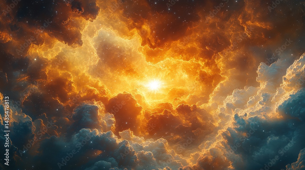 Fototapeta premium Fiery celestial clouds illuminating a starry cosmos.