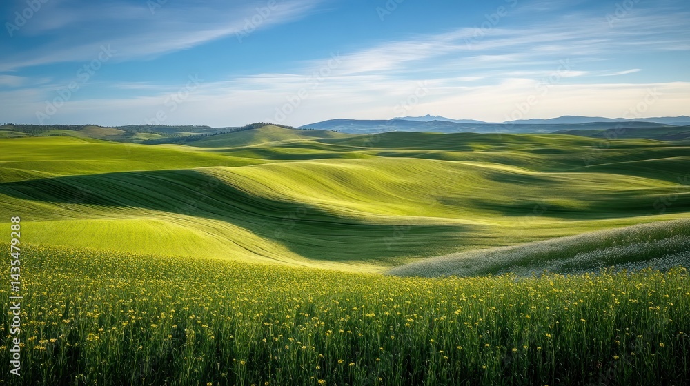 Fototapeta premium Rolling hills blanketed with fields of flowers