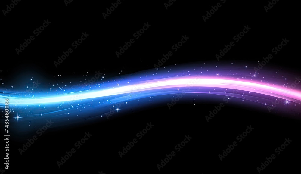 Obraz premium Glowing, wavy light streak with blue and pink hues on a black background, featuring sparkling particles