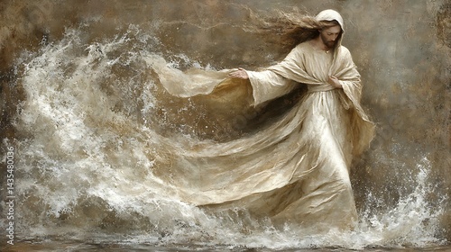 Calm figure in flowing robe walking on turbulent water