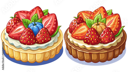 A beautifully crafted strawberry tart topped with fresh fruit on a simple transparent background, delicious strawberry tart on transparent background